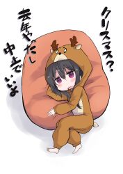 Rule 34 | 1girl, absurdres, amano kouki, animal costume, animal ears, animal hood, antlers, arm behind head, arm up, barefoot, black hair, blush stickers, chibi, commentary request, deer ears, deer tail, fake animal ears, fake antlers, fake tail, full body, hair between eyes, highres, hood, hood up, horns, looking at viewer, note-chan, open mouth, original, purple eyes, reindeer antlers, reindeer costume, shadow, simple background, solo, tail, translation request, white background