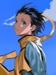 Rule 34 | 1boy, absurdres, arms at sides, black hair, blue sky, cloud, cloudy sky, commentary, floating scarf, grey eyes, hair slicked back, highres, joowon (jju oon), looking at viewer, looking back, male focus, mochizuki ryouji, mole, mole under eye, parted lips, persona, persona 3, scarf, shirt, short hair, sky, solo, upper body, white shirt, yellow scarf