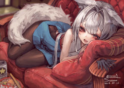 Rule 34 | 1girl, animal ear fluff, animal ears, bare arms, bare shoulders, beer can, black gloves, blue skirt, blurry, blurry background, brown pantyhose, can, chopsticks, couch, dated, depth of field, drink can, fangs, fingernails, fox ears, fox girl, fox tail, gloves, hair between eyes, hair intakes, heart, heart-shaped pupils, highres, hip vent, long hair, looking at viewer, lying, nail polish, on couch, on side, original, pantyhose, pleated skirt, purple nails, red eyes, sapporo beer, short eyebrows, signature, silver hair, skirt, sleeveless, solo, star (symbol), suzuno (bookshelf), symbol-shaped pupils, tail, thick eyebrows, twitter username, unworn gloves, very long hair