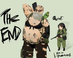 Rule 34 | 1boy, 1girl, artist name, bald, beard, camouflage, character name, cosplay, costume switch, facial hair, front-tie top, gloves, gun, highres, metal gear (series), metal gear solid 3: snake eater, metal gear solid v: the phantom pain, mustache, navel, not a hazard, old, old man, pantyhose, ponytail, quiet (metal gear), rifle, sniper rifle, swimsuit, the end (metal gear), the end (phrase), torn clothes, torn legwear, weapon