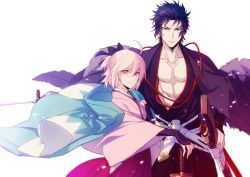 Rule 34 | 1boy, 1girl, abs, ahoge, arm guards, black bow, black cape, black eyes, black hair, blurry, blurry background, bow, cape, collarbone, commentary request, fate/grand order, fate (series), floating clothes, hair between eyes, hair bow, hakama, hakama short skirt, hakama skirt, hand on own chest, hijikata toshizou (fate), japanese clothes, kimono, long sleeves, looking at viewer, okita souji, okita souji (fate), okita souji (koha-ace), open clothes, pink eyes, pink hair, pink kimono, sheath, short hair, simple background, skirt, sword, tsurime, upper body, weapon, white background, wide sleeves, xia (ryugo)