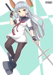 Rule 34 | 1girl, :o, arm up, black footwear, black pantyhose, blunt bangs, blush, carrot, commentary request, dress, gloves, hair ribbon, headgear, highres, holding, holding polearm, holding spear, holding weapon, kantai collection, leg lift, long hair, murakumo (kancolle), one-hour drawing challenge, open mouth, orange eyes, pantyhose, partially fingerless gloves, pepatiku, polearm, red neckwear, ribbon, sailor collar, sailor dress, short eyebrows, short sleeves, sidelocks, silver hair, solo, spear, standing, standing on one leg, thighband pantyhose, tress ribbon, twitter username, weapon
