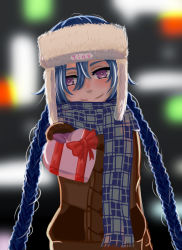 Rule 34 | 1girl, blue hair, blush, box, braid, character name, coat, fur hat, gift, gloves, hair between eyes, hat, heart-shaped box, highres, jinx (league of legends), league of legends, long hair, looking at viewer, mittens, outstretched hand, pink eyes, purple eyes, scarf, smile, solo, twin braids, ushanka, valentine, winter clothes, wukun
