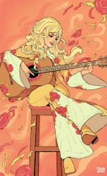 Rule 34 | 1girl, abstract background, big hair, blonde hair, dolly parton, flower, full body, guitar, highres, instrument, long hair, long sleeves, music, open mouth, oskar vega, playing instrument, real life, red flower, shoes, signature, sitting, smile, solo, stool, wide sleeves, yellow footwear