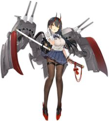 Rule 34 | 1girl, azur lane, bag, black hair, black pantyhose, blue skirt, blush, bow, breasts, fighting stance, full body, gloves, hair between eyes, hair ribbon, hand on own ear, hand on own ear, holding, holding sword, holding weapon, horns, katana, large breasts, long hair, looking at viewer, momi, official art, pantyhose, parted lips, pleated skirt, ready to draw, ribbon, rigging, school bag, school uniform, shirt, single glove, skirt, solo, suzuya (azur lane), sword, transparent background, weapon, white gloves, white shirt, yellow eyes