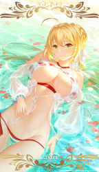Rule 34 | 1girl, bare shoulders, beach, bikini, bikini pull, blonde hair, bracelet, breasts, cangkong, cleavage, closed mouth, clothes pull, cowboy shot, criss-cross halter, day, fate/grand order, fate (series), flower, from above, green eyes, halterneck, head tilt, highres, jewelry, large breasts, long hair, looking at viewer, lying, navel, nero claudius (fate), nero claudius (fate) (all), nero claudius (swimsuit caster) (fate), nero claudius (swimsuit caster) (third ascension) (fate), on back, outdoors, pearl bracelet, petals, petals on liquid, pulling own clothes, red bikini, rose, see-through, smile, solo, star (symbol), stomach, striped bikini, striped clothes, swimsuit, tareme, thigh gap, thighs, very long hair, water, water drop, watermark, web address, wet, white flower, white rose