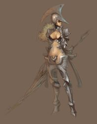 Rule 34 | 1girl, armor, bikini armor, blonde hair, breasts, cleavage, curly hair, gauntlets, greaves, helmet, knight, lance, large breasts, long hair, navel, original, polearm, signature, simple background, solo, spear, tahra, weapon