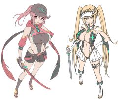 Rule 34 | adapted costume, breasts, feichu keju, large breasts, mythra (xenoblade), pyra (xenoblade), simple background, unfinished, white background, xenoblade chronicles (series), xenoblade chronicles 2