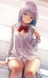 Rule 34 | 1girl, bathtub, window blinds, blue eyes, blush, bow, bra, breasts, closed mouth, collared shirt, dress shirt, highres, kekemotsu, long hair, long sleeves, looking at viewer, medium breasts, original, panties, red bow, shirt, shower head, silver hair, sitting, smile, solo, thighs, underwear, wet, wet clothes, white bra, white panties, white shirt