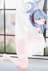Rule 34 | 1girl, absurdres, ako (blue archive), artist name, blue archive, blue eyes, blue hair, commentary, completely nude, earrings, foot out of frame, geeoctz97, halo, highres, holding curtain, indoors, jewelry, looking at viewer, nude, see-through silhouette, sideways glance, solo, standing, standing on one leg, stud earrings, toenails, window