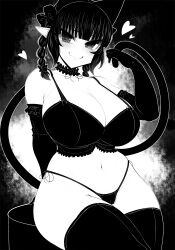 Rule 34 | 1girl, animal ears, blunt bangs, bra, braid, breasts, cat ears, cat girl, cat tail, cleavage, closed mouth, commentary request, curvy, extra ears, frilled bra, frills, greyscale, groin, haseru (ginku mh), heart, huge breasts, kaenbyou rin, looking at viewer, medium hair, monochrome, multiple tails, navel, nekomata, panties, pointy ears, side braids, sidelocks, sitting, smile, solo, tail, thighhighs, touhou, twin braids, two tails, underwear