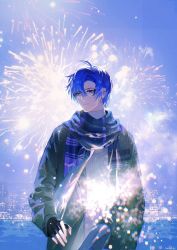 Rule 34 | 1boy, aerial fireworks, ahoge, bishounen, black-framed eyewear, black gloves, black jacket, blue eyes, blue hair, blue scarf, building, chinese commentary, city, city lights, cityscape, closed mouth, commentary request, expressionless, fingerless gloves, fireworks, lovebrush chronicles, glasses, gloves, hair between eyes, highres, jacket, long sleeves, looking at viewer, male focus, mole, mole under eye, night, open clothes, open jacket, outdoors, parted bangs, plaid, plaid scarf, scarf, short hair, clarence clayden, signature, solo, standing, sweater, turtleneck, turtleneck sweater, wanyou, water, white sweater