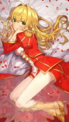 Rule 34 | 10s, 1girl, absurdres, armored boots, bad id, bad twitter id, bed sheet, blonde hair, boots, chinanan, fate/extra, fate (series), green eyes, high heel boots, high heels, highres, long hair, looking at viewer, lying, nero claudius (fate), nero claudius (fate) (all), nero claudius (fate/extra), on side, petals, see-through, smile, solo, yellow footwear