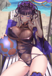 Rule 34 | 1girl, armlet, ball, bare shoulders, beach, beach chair, beachball, black gloves, black one-piece swimsuit, breasts, covered navel, fate/grand order, fate (series), fingerless gloves, flower, gloves, gold trim, hair flower, hair ornament, hair up, half gloves, highleg, highleg swimsuit, large breasts, long hair, looking at viewer, murasaki shikibu (fate), murasaki shikibu (swimsuit rider) (fate), murasaki shikibu (swimsuit rider) (first ascension) (fate), one-piece swimsuit, purple eyes, purple hair, shinovi, sitting, smile, swimsuit, thighs