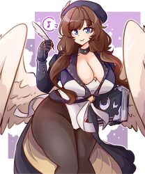 Rule 34 | 1girl, absurdres, ashy (dankestsin), blue eyes, book, breasts, brown hair, gloves, granblue fantasy, hat, highres, huge breasts, long hair, low twintails, pantyhose, quill, raziel (granblue fantasy), smile, thick thighs, thighs, twintails, wide hips, wings