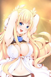 Rule 34 | 1girl, armpits, arms behind head, azur lane, black panties, blonde hair, blue eyes, blue flower, blue rose, blush, breasts, center opening, cleavage, commentary request, dress, flower, flower ornament, glint, hair between breasts, highres, large breasts, laurel crown, long hair, open mouth, origami aya, panties, rose, sleeveless, sleeveless dress, solo, sparkle, sparkling eyes, teeth, underwear, upper body, upper teeth only, very long hair, victorious (azur lane), white dress, yellow background