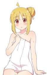 1girl absurdres ahoge alternate_hairstyle arm_support blonde_hair blush bocchi_the_rock! breasts collarbone commentary_request cowboy_shot detached_ahoge frown hair_between_eyes hair_bun highres ijichi_nijika looking_at_viewer medium_hair mimori_(mimori_05) naked_towel parted_lips red_eyes shadow sidelocks simple_background sitting small_breasts solo thighs towel water_drop wet white_background