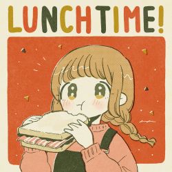 Rule 34 | 1girl, :3, :t, bacon, beige border, blush, border, braid, bread, chewing, closed mouth, eating, english text, film grain, food, from side, halftone, hands up, highres, holding, holding food, keke (kotowari), lettuce, light brown hair, limited palette, long hair, long sleeves, looking at viewer, low twin braids, low twintails, muted color, no nose, notice lines, original, outside border, pink sweater, puffy long sleeves, puffy sleeves, red background, rounded corners, sandwich, signature, solo, suspenders, sweater, tareme, twin braids, twintails, two-tone background, upper body, yellow eyes