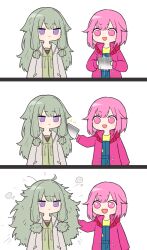 Rule 34 | 132 (bb32768), 2girls, 3koma, :d, arm at side, arms at sides, blunt bangs, bob cut, chinese commentary, closed mouth, comic, commentary request, green hair, grey jacket, hand up, highres, holding, hood, hood down, jacket, kusanagi nene, long hair, long sleeves, low-tied sidelocks, motion blur, multiple girls, ootori emu, open mouth, pink eyes, pink hair, pink jacket, project sekai, purple eyes, short hair, silent comic, smile, upper body, white background