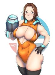 Rule 34 | 1girl, alternate costume, arm cannon, breasts, brown hair, cleavage, cleavage cutout, clothing cutout, curvy, gloves, grey eyes, hands on own hips, highres, large breasts, leotard, mii (nintendo), mii gunner, natedecock, nintendo, smile, solo, standing, super smash bros., thick thighs, thighhighs, thighs, weapon