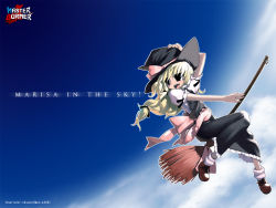 Rule 34 | 1girl, apron, black eyes, black hat, black ribbon, black skirt, blonde hair, bow, broom, broom riding, brown footwear, cloud, day, dress, english text, female focus, flying, gradient background, hand on headwear, hat, hat ribbon, kirisame marisa, long hair, low-tied long hair, open mouth, outdoors, pink apron, pink bow, puffy short sleeves, puffy sleeves, ribbon, sash, shirt, shoes, short sleeves, skirt, sky, socks, solo, teeth, touhou, waist apron, white shirt, white socks, witch, witch hat, x6suke