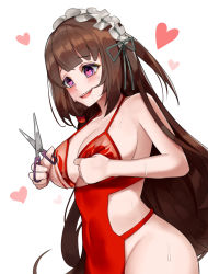 Rule 34 | 1girl, absurdres, blush, breasts, brown hair, cleavage, drooling, eh-526, empty eyes, heart, heart-shaped pupils, highres, large breasts, last origin, long hair, maid headdress, open mouth, purple eyes, saliva, scissors, scissors lise, skindentation, smile, sweat, symbol-shaped pupils, yandere