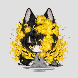 Rule 34 | 1boy, black hair, branch, chibi, closed mouth, coat, e.g.o (project moon), flower, flower over eye, grey coat, hair flower, hair ornament, highres, limbus company, project moon, shan23852196, simple background, solo, white background, wings, yellow eyes, yellow flower, yi sang (project moon)