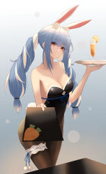 Rule 34 | 1girl, absurdres, animal ear fluff, animal ears, backless outfit, bad id, bad pixiv id, bare arms, bare shoulders, black leotard, black pantyhose, blue hair, breasts, cleavage, collarbone, est (est illust), highres, holding, holding plate, hololive, lens flare, leotard, long hair, medium breasts, multicolored hair, panties, pantyhose, pantyshot, plate, playboy bunny, rabbit ears, rabbit girl, rabbit tail, red eyes, rei no himo, sidelocks, silver hair, solo, standing, strapless, strapless leotard, tail, thigh strap, two-tone hair, underwear, usada pekora, usada pekora (1st costume), very long hair, virtual youtuber