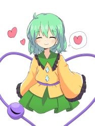 Rule 34 | 1girl, ^ ^, ahoge, blouse, blush, buttons, closed eyes, closed mouth, collared shirt, commentary, cropped legs, diamond button, eyeball, facing viewer, frilled shirt collar, frilled sleeves, frills, green hair, green skirt, heart, heart of string, highres, kiseeeei, komeiji koishi, long sleeves, medium hair, no headwear, shirt, simple background, skirt, sleeves past fingers, sleeves past wrists, smile, solo, speech bubble, spoken heart, symbol-only commentary, third eye, touhou, wavy hair, white background, wide sleeves, yellow shirt