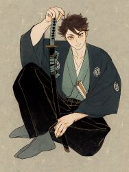 Rule 34 | 1boy, black pants, brown background, brown eyes, brown hair, character request, check character, chengongzi123, closed mouth, folded fan, folding fan, full body, haikyuu!!, hakama, hakama pants, hand fan, highres, holding, holding sword, holding weapon, japanese clothes, katana, long sleeves, looking at viewer, male focus, oikawa tooru (haikyuu!!), pants, paper fan, sheath, sheathed, short hair, simple background, sitting, smile, solo, sword, tabi, very short hair, weapon, wide sleeves