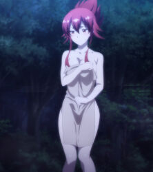 Rule 34 | 1girl, absurdres, anime screenshot, bare shoulders, blush, breasts, cleavage, collarbone, earnest flaming, eiyuu kyoushitsu, hair between eyes, hair bun, highres, holding, holding towel, large breasts, long hair, looking to the side, naked towel, outdoors, red eyes, red hair, screencap, sidelocks, stitched, thighs, third-party edit, towel, tree