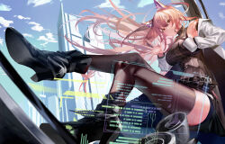 Rule 34 | 1girl, absurdres, animal ears, black footwear, black thighhighs, boots, breasts, brown shirt, brown sleeves, building, cat ears, cityscape, closed mouth, commentary request, cup, day, dekoia009, detached sleeves, floating hair, full body, girls&#039; frontline neural cloud, hair between eyes, high heel boots, high heels, highres, holding, holographic interface, lab coat, large breasts, legs, light blush, long hair, looking at viewer, partial commentary, persicaria (neural cloud), pink eyes, pink hair, ribbed shirt, shirt, skirt, skyscraper, sleeveless, sleeveless shirt, smile, solo, thighhighs, waving