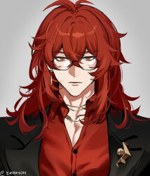 Rule 34 | 1boy, alternate costume, black suit, closed mouth, collared shirt, diluvio, earrings, eriimyon, formal, genshin impact, glasses, highres, jewelry, long hair, male focus, necklace, red eyes, red hair, red shirt, shirt, simple background, solo, suit, white background