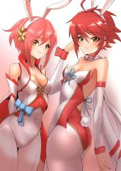 Rule 34 | 2girls, animal ears, arms behind back, artist name, ass, bare shoulders, blush, breasts, brown hair, cleavage, collarbone, commentary, covered navel, deekei, fake animal ears, fake tail, fire emblem, fire emblem fates, fire emblem heroes, gradient background, highleg, highleg leotard, highres, hinoka (fire emblem), leotard, long hair, looking at viewer, medium breasts, multiple girls, nintendo, pantyhose, parted lips, pink hair, rabbit ears, rabbit tail, red eyes, red hair, sakura (fire emblem), scarf, short hair, siblings, signature, simple background, sisters, sleeveless, small breasts, tail, white legwear