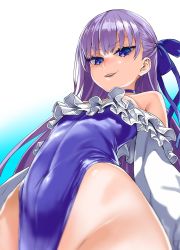 Rule 34 | 1girl, asanagi, bare shoulders, blue background, blue eyes, blue ribbon, casual one-piece swimsuit, commentary request, covered navel, evil smile, fate/grand order, fate (series), flat chest, frilled swimsuit, frills, from below, gradient background, groin, hair ribbon, highleg, highleg swimsuit, highres, long sleeves, looking at viewer, looking down, meltryllis, meltryllis (fate), meltryllis (swimsuit lancer) (fate), meltryllis (swimsuit lancer) (second ascension) (fate), one-piece swimsuit, parted lips, purple hair, ribbon, smile, solo, striped, swimsuit, v-shaped eyebrows, vertical stripes