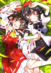 Rule 34 | 2girls, arm up, armpits, ascot, black bow, black bowtie, black hair, black skirt, blush, bow, bowtie, brown eyes, brown hair, commentary request, commission, detached sleeves, dress, feet out of frame, fuji tarawi, grin, hair bow, hair tubes, hakurei reimu, highres, holding hands, long hair, looking at viewer, lying, multiple girls, on back, on grass, one eye closed, open mouth, pointy ears, puffy short sleeves, puffy sleeves, red bow, red dress, red eyes, red headwear, ribbon-trimmed sleeves, ribbon trim, shameimaru aya, shirt, short sleeves, skeb commission, skirt, smile, socks, touhou, white shirt, white socks, wide sleeves, yellow ascot