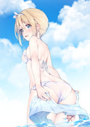 Rule 34 | 1girl, ass, bare shoulders, bikini, blonde hair, blue eyes, blue sky, blush, breasts, check commentary, cloud, cloudy sky, commentary request, day, frilled bikini, frills, from behind, girls&#039; frontline, hair between eyes, hair ornament, hairband, highres, jp06, long hair, looking at viewer, medium breasts, official alternate costume, open mouth, outdoors, sarong, unworn sarong, sidelocks, sky, solo, standing, starfish, sunlight, suomi (girls&#039; frontline), suomi (midsummer pixie) (girls&#039; frontline), swimsuit, thighs, wading, water, white bikini