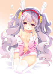 Rule 34 | 1girl, animal ears, azur lane, bare shoulders, bed sheet, breasts, chestnut mouth, coat, collarbone, commentary request, fur-trimmed jacket, fur trim, grey hair, hair between eyes, hair ornament, hairband, jacket, laffey (azur lane), long hair, long sleeves, looking at viewer, naked coat, natsuki yuu (amemizu), nipples, no shoes, off shoulder, parted lips, pink jacket, rabbit ears, red hairband, sitting, small breasts, solo, thighhighs, twintails, very long hair, wariza, white thighhighs
