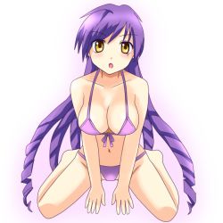 Rule 34 | 00s, 1girl, bikini, breasts, caren (mermaid melody pichi pichi pitch), cleavage, drill hair, jewelry, kneeling, large breasts, mermaid melody pichi pichi pitch, miru, mole, necklace, purple hair, solo, swimsuit, yellow eyes