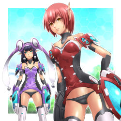 Rule 34 | 2girls, bad id, bad pixiv id, black hair, crazy kitten, elbow gloves, facial mark, fingerless gloves, gloves, green eyes, highres, long hair, multiple girls, panties, phantasy star, phantasy star online 2, pointy ears, red hair, rupika (pso2), shuuji (shumi), standing, sue (pso2), thighhighs, underwear, yellow eyes