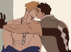 Rule 34 | 2boys, ao isami, bara, black hair, blonde hair, closed eyes, couple, dog tags, facial hair, from side, haohaoci, highres, interracial, kabedon, kiss, lewis smith, male focus, multiple boys, muscular, muscular male, profile, sideburns stubble, stubble, thick eyebrows, undressing, upper body, yaoi, yuuki bakuhatsu bang bravern