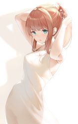 Rule 34 | 1girl, absurdres, armpits, arms up, bare arms, bare shoulders, blue eyes, breasts, brown hair, bunching hair, cleavage, commentary request, cowboy shot, dress, drop shadow, hair tie, highres, holding, long hair, looking at viewer, medium breasts, original, parted lips, ponytail, sidelocks, sleeveless, sleeveless dress, solo, star741, white background, white dress
