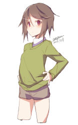 Rule 34 | 1girl, blush, brown hair, brown shorts, closed mouth, cowboy shot, cropped legs, dated, green shirt, hair between eyes, hands on own hips, long sleeves, looking away, maze (gochama ze gohan), original, red eyes, shirt, short hair, short shorts, shorts, signature, simple background, sketch, solo, white background
