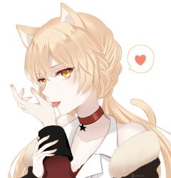 Rule 34 | 1girl, animal ears, artist name, blonde hair, breasts, cat ears, cat tail, choker, collarbone, commentary request, fingernails, girls&#039; frontline, hair ornament, hand grab, heart, heart print, highres, licking, licking hand, lips, long hair, looking at viewer, low twintails, open mouth, ots-14 (girls&#039; frontline), red choker, solo, star (symbol), sui (camellia), tail, tongue, tongue out, twintails, upper body, white background, yellow eyes