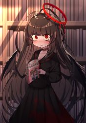 Rule 34 | 1girl, :d, absurdres, antenna hair, bad id, bad pixiv id, black hair, black serafuku, black skirt, blue archive, blunt bangs, blush, book, breasts, choker, cleavage, collarbone, commentary request, demon wings, halo, highres, holding, holding book, long hair, long skirt, long sleeves, looking at viewer, open mouth, pleated skirt, red hair, school uniform, serafuku, sidelocks, skirt, smile, solo, translation request, tsurugi (blue archive), wings, yukki bunny