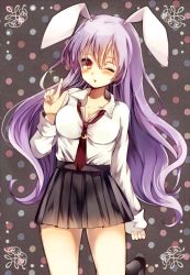 Rule 34 | 1girl, animal ears, breasts, cleavage, crescent, crescent hair ornament, female focus, hair ornament, large breasts, long hair, long sleeves, necktie, one eye closed, pleated skirt, purple hair, rabbit ears, red eyes, red necktie, reisen udongein inaba, revision, shirt, skirt, solo, touhou, ukita uuko, very long hair