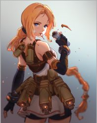 Rule 34 | 1girl, arm at side, blue eyes, braid, cowboy shot, dungeon and fighter, elbow gloves, explosive, fingerless gloves, from behind, gloves, grenade, grenade pin, hand up, holding, holding grenade, long hair, looking at viewer, looking back, meinoss, mouth hold, orange hair, solo, very long hair