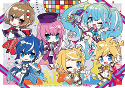 Rule 34 | 2boys, 4girls, absurdly long hair, aqua hair, belt, blonde hair, blue bow, blue eyes, blue gloves, blue hair, blue necktie, blue ribbon, boots, bow, brown eyes, brown hair, chibi, clenched hand, closed mouth, collared dress, detached sleeves, dress, flipped hair, floating, gloves, gradient hair, hair bow, hair ornament, hand on own chest, hat, hatsune miku, headset, heart, high-low skirt, holding, holding wand, index finger raised, kagamine len, kagamine rin, kaito (vocaloid), knee boots, knees together feet apart, long hair, looking at viewer, magical mirai (vocaloid), magical mirai kaito, magical mirai kaito (2022), magical mirai len, magical mirai len (2022), magical mirai luka, magical mirai luka (2022), magical mirai meiko, magical mirai meiko (2022), magical mirai miku, magical mirai miku (2022), magical mirai rin, magical mirai rin (2022), medium hair, megurine luka, meiko (vocaloid), microphone, microphone wand, multicolored eyes, multicolored hair, multiple boys, multiple girls, neckerchief, necktie, official art, one eye closed, open mouth, orange bow, outstretched arm, outstretched arms, pink bow, pink dress, pink eyes, pink footwear, pink gloves, pink hair, pink necktie, pink ribbon, purple dress, purple gloves, purple headwear, radio antenna, reaching, reaching towards viewer, red gloves, ribbon, rocket ship, second-party source, short ponytail, sidelocks, sleeveless, sleeveless dress, smile, spacecraft, standing, star-shaped pupils, star (symbol), star hair ornament, streaked hair, symbol-shaped pupils, thigh strap, twintails, two-tone bow, two-tone gloves, two-tone necktie, two-tone ribbon, very long hair, vocaloid, wand, white bow, white dress, white footwear, white gloves, white hair, wrist cuffs, yellow neckerchief, yoshiki