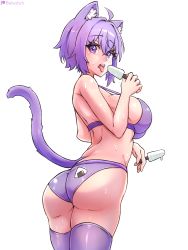 Rule 34 | 1girl, ahoge, animal ear fluff, animal ears, artist name, ass, bare back, bare shoulders, bebatch, bikini, breasts, cat ears, cat girl, cat tail, food, highres, holding, holding food, hololive, large breasts, looking back, nekomata okayu, onigiri print, open mouth, popsicle, purple bikini, purple eyes, purple hair, purple thighhighs, saliva, saliva trail, sideboob, solo, sweat, swimsuit, tail, teeth, thighhighs, thighs, tongue, tongue out, upper teeth only, virtual youtuber