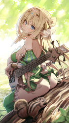 Rule 34 | 1girl, animal, ass, bare back, bare shoulders, blonde hair, blue eyes, blue nails, bracelet, breasts, elf, from behind, gem, green panties, green skirt, green thighhighs, guitar, hair ribbon, head tilt, highres, instrument, jewelry, kaito (k4itoh), large breasts, long hair, looking at viewer, miniskirt, nail polish, original, outdoors, panties, pointy ears, ribbon, sideboob, sitting, skirt, solo, squirrel, thighhighs, thong, underwear, very long hair